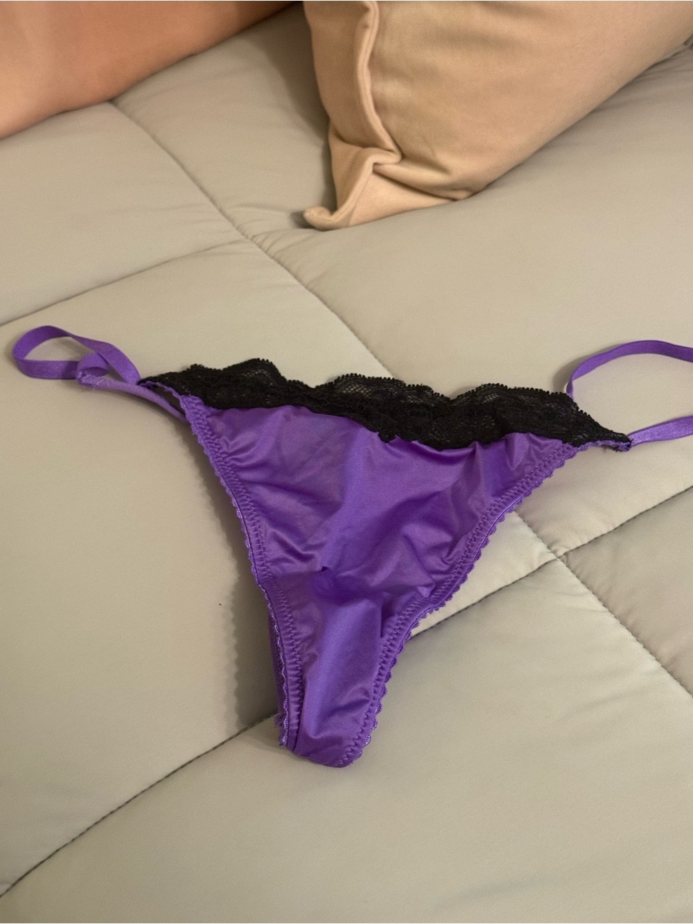 Victoria's Secret Purple Satin Thong with Black Lace Trim
